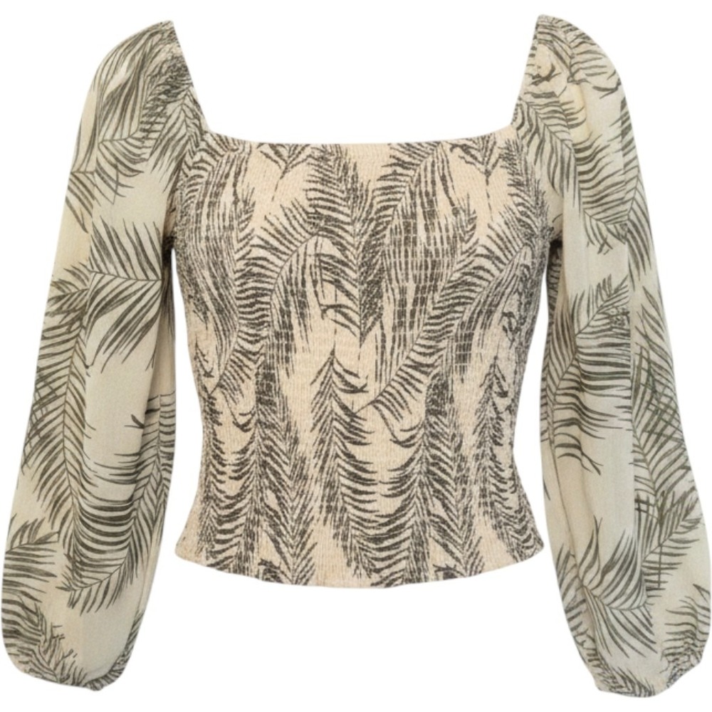 Beldini Palm Leaves Smocked On Off Shoulder Sheer Sleeve Crop Top Womens L NWOT